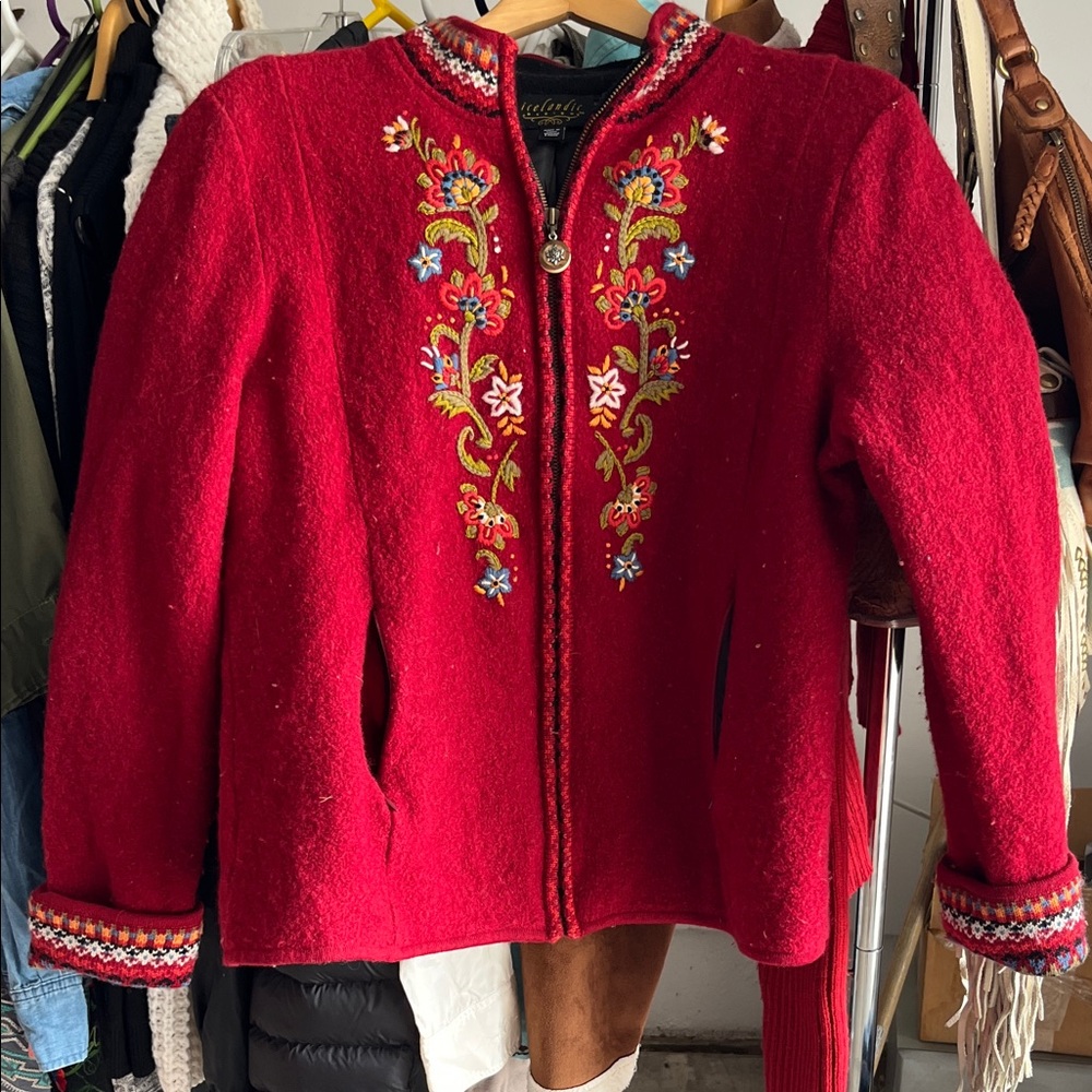 Red Embroidered Wool Zip-Front Pea Coat by Pendleton
